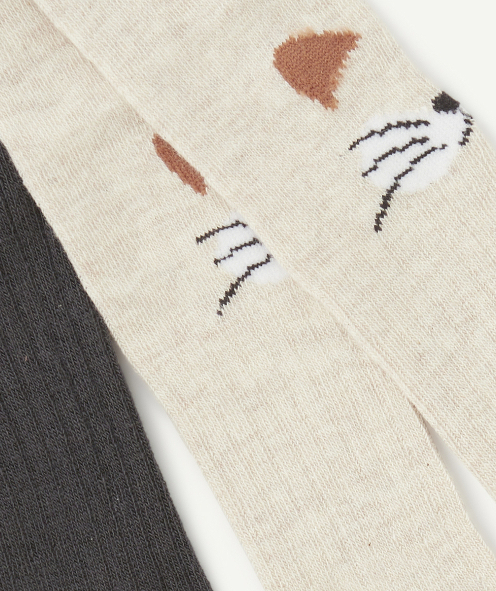 LOT DE 2 COLLANTS BÉBÉ FILLE EN TRICOT GRIS ET ÉCRU AVEC MOTIF CHAT