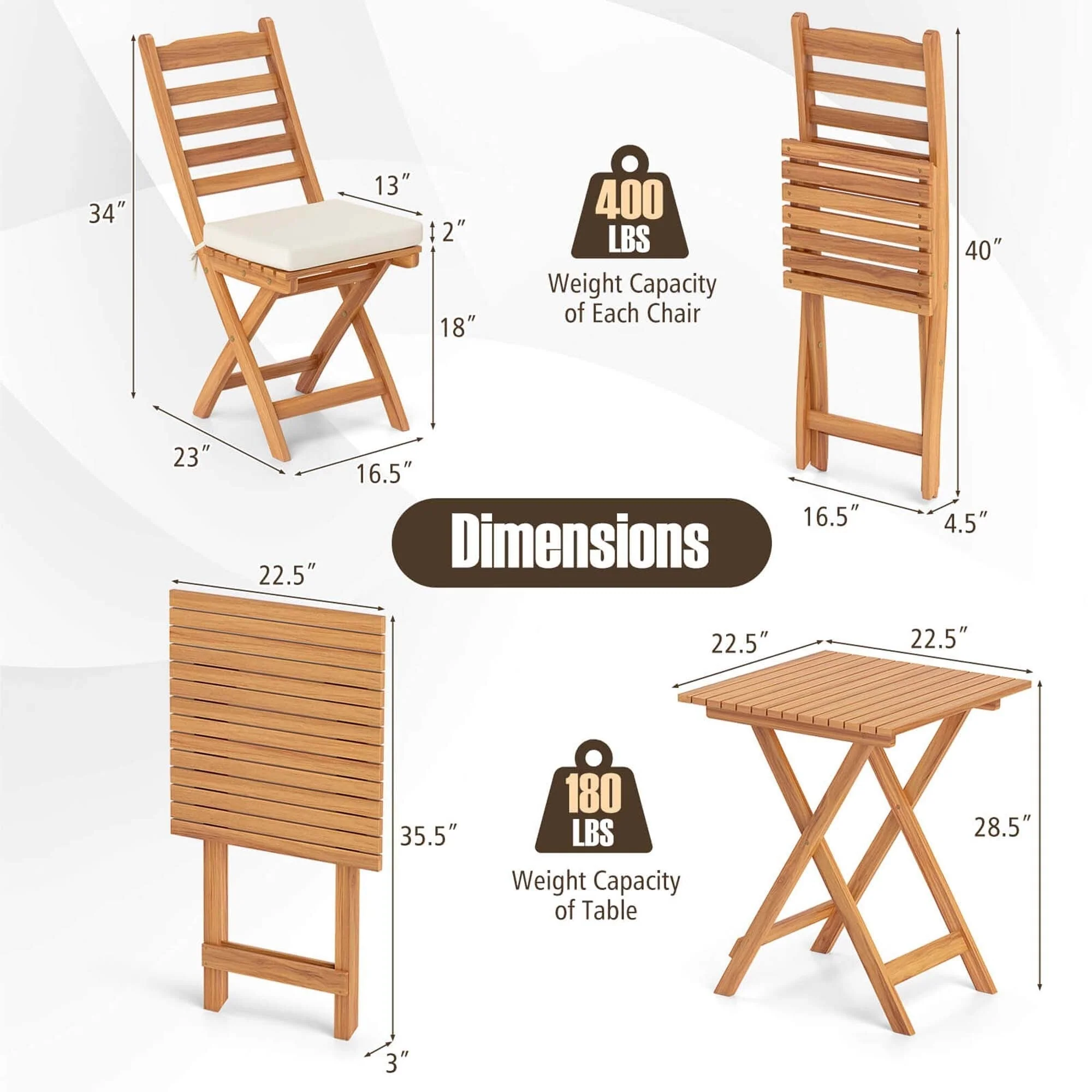 Patiojoy 3-Piece Folding Bistro Set with Removable Seat Cushions - See Details