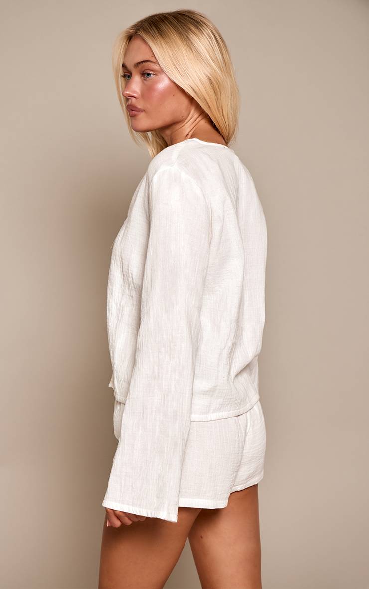 Blanc Ensemble Pyjama Bralette En Gaze De Coton Avec Liens À Nouer Devant