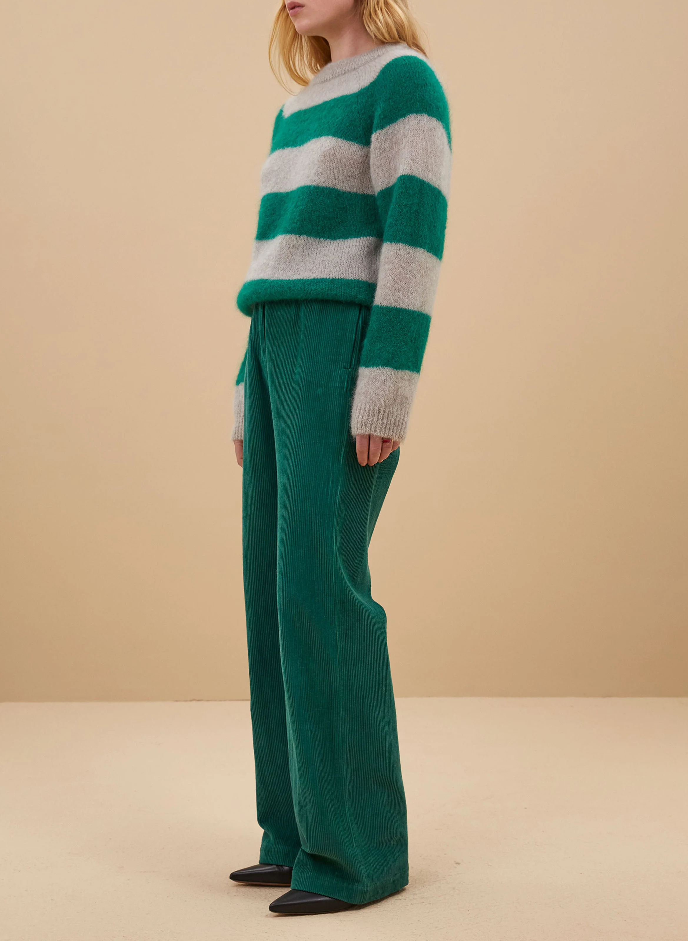 SIAN - Pull droit rayé en mohair mélangé | Vert