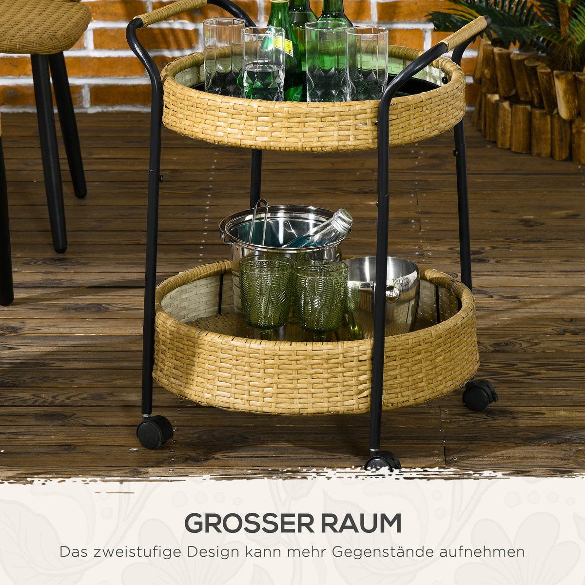 Outsunny Rattan Serveerwagen met 2 Planken, Φ50 x 66 cm, Staal, Geel