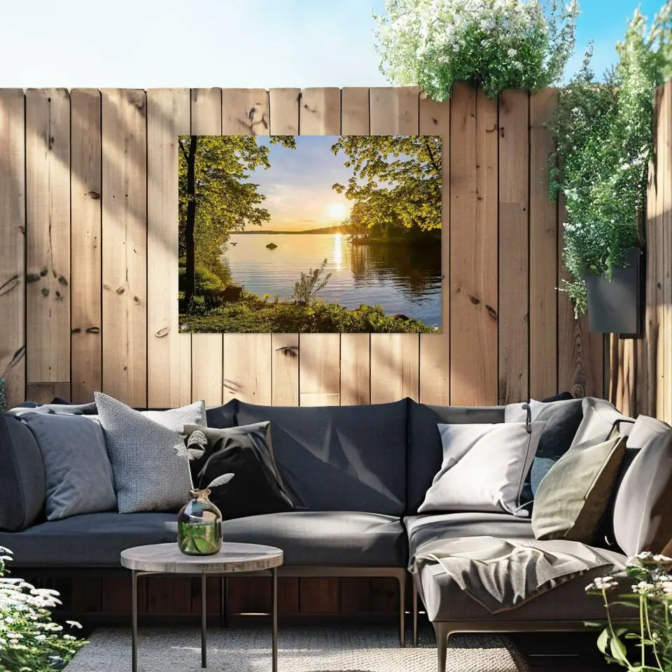 Tuinposter Zonsondergang aan het meer - 60x80cm - Groen