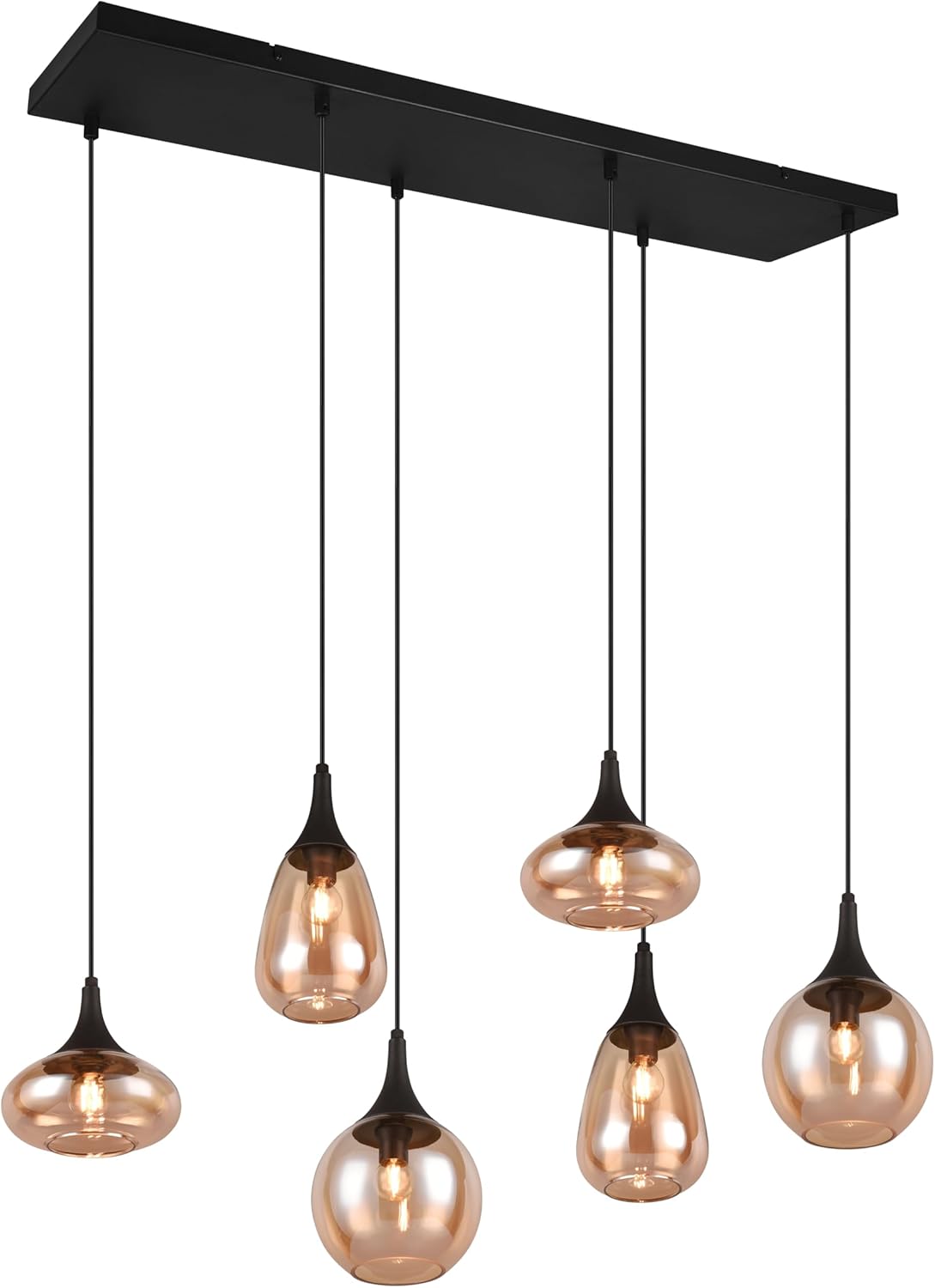 Trio Leuchten Pendelleuchte Lumina 317000613, Metall Schwarz matt, Glas amber, exkl. 6x E14, Bernsteinfarben