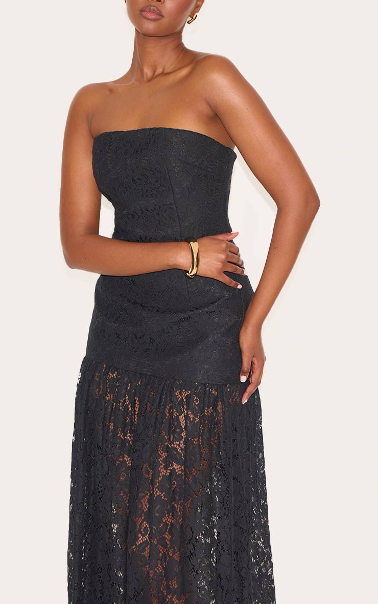 Noir Robe Midaxi Bandeau À Empiècements De Jupe En Dentelle Transparente