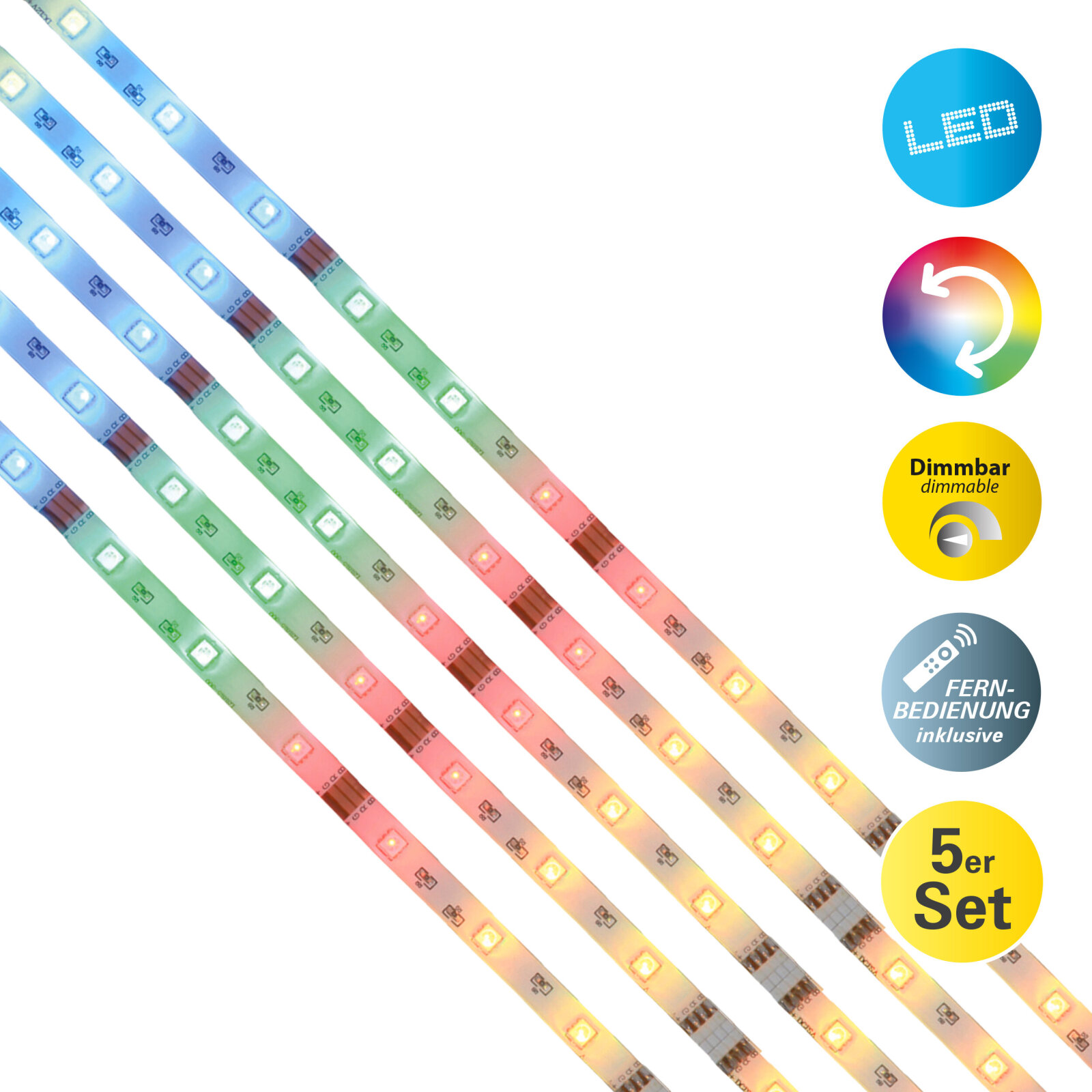 5er-Set RGB-LED-Stripes - mit Fernbedienung - je 1 Meter