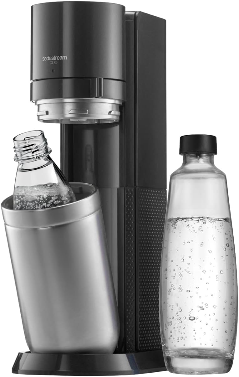 SodaStream Wassersprudler DUO Umsteiger| inkl.1x 1L Glasflasche und 1x 1L FUSE Kunststoffflasche (spülmaschinengeeignet) | Farbe: Titan