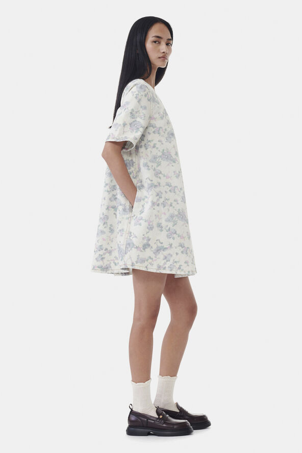 Ganni Print Denim Open Back Mini Dress Tofu