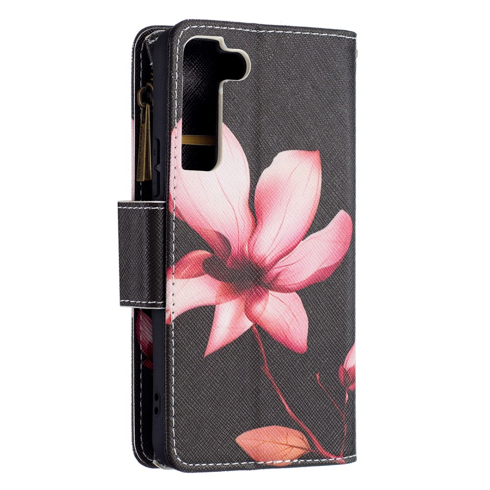 Samsung Galaxy S22 5G Leder Wallet Etui Tasche mit 9 Kartenfächern   Münzfach - Pinke Blume