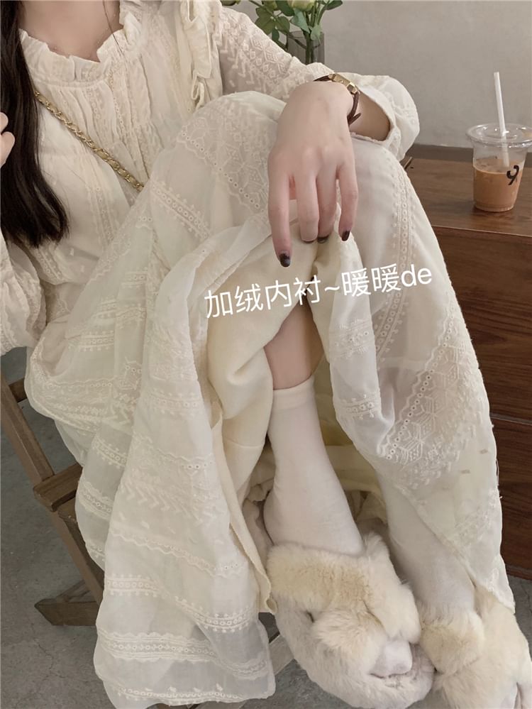 DiBi - Lange mouwen ronde hals effen geborduurde chiffon maxi A-lijn jurk