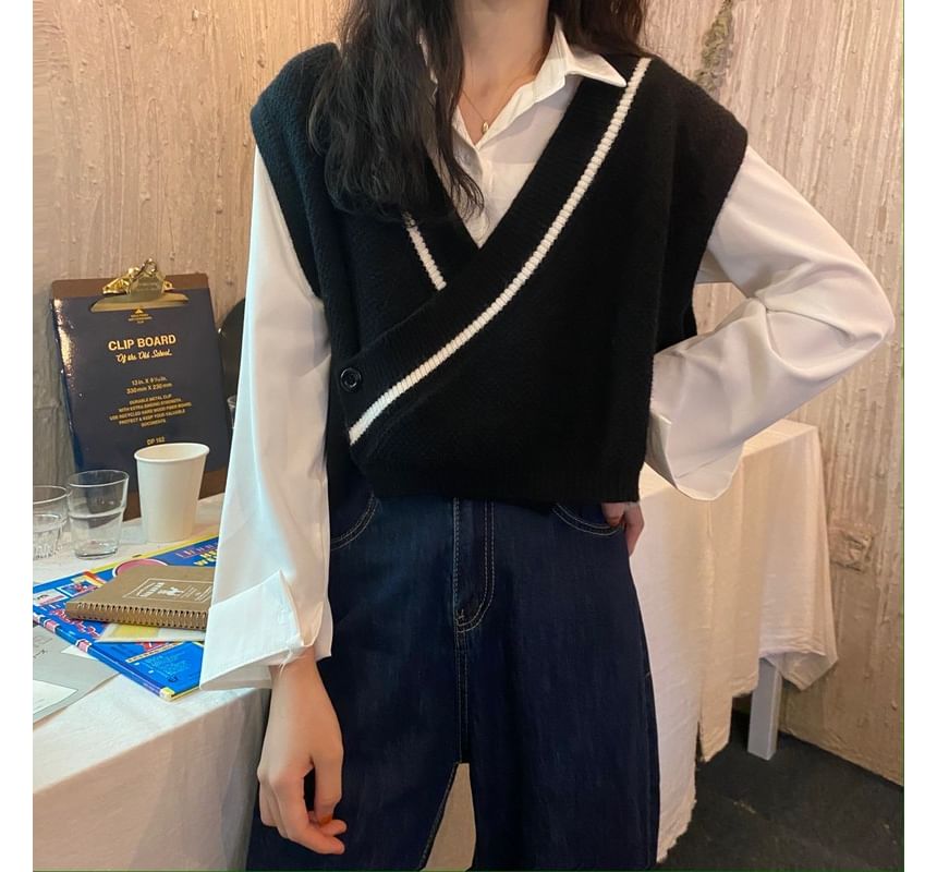 Shinsei - Effen shirt / V-hals gestreept vest
