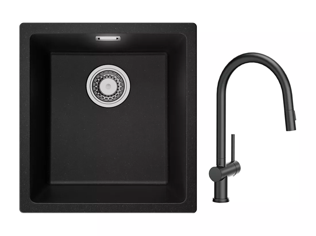 CECIPA MAX Evier 1 Bac en Quartz et Résine Noir Gris 40*44*20cm + Mitigeur de Cuisine avec Douchette Extractible avec 2 Types de Jet