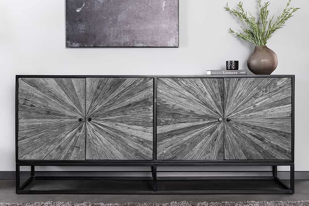 Massives Sideboard BARRACUDA 180cm grau Mangoholz mit Teakholz-Front schwarz Metall