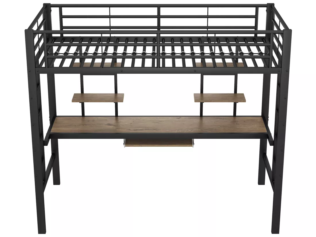 Lit mezzanine 90x200cm - avec bureau et étagères - cadre en métal - Noir