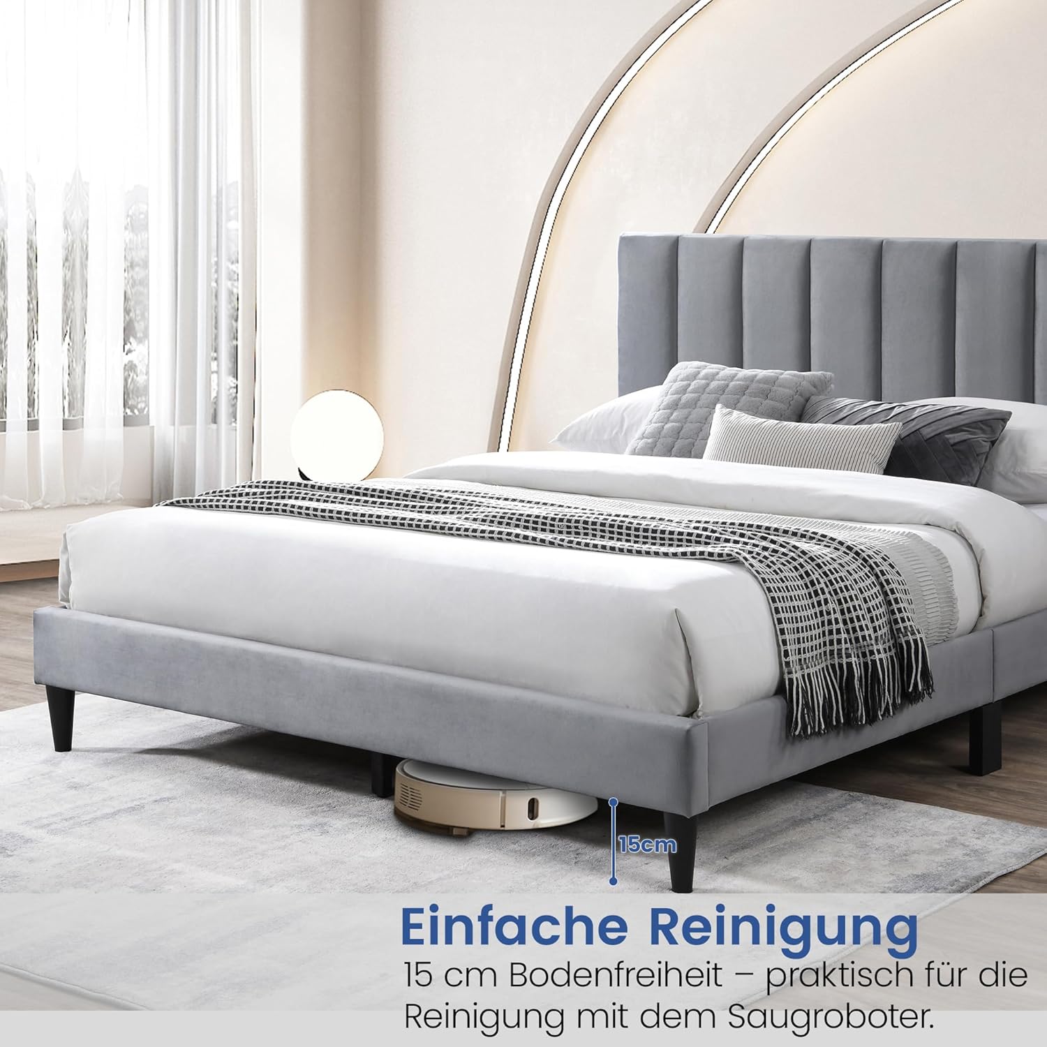 Home Collective Bett 140x200 cm Polsterbett mit Lattenrost Bettgestell Doppelbett mit weichem Bezug und gepolstertem Kopfteil mit vertikaler Steppung Robustes Gestell hoher Liegekomfort Grau 140x200