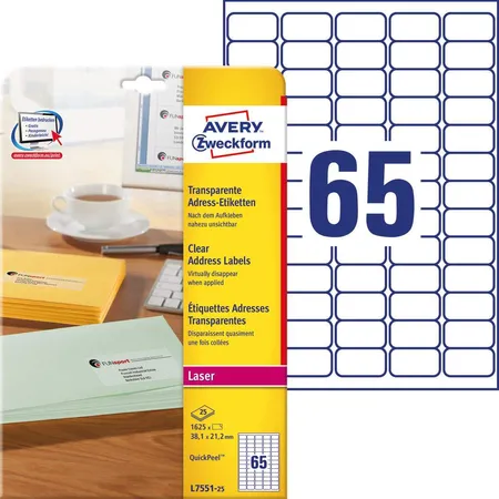 Avery Zweckform L7551-25 Adress-Etiketten,A4 38,1 x 21,2 mm, 25 Bogen/1.625 Etiketten, transparent
