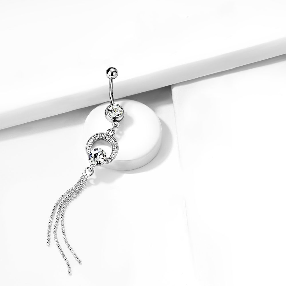 (10mm) 316L Chirurgenstahl Bauchnabelpiercing mit Gewindeverschluss Quaste und Strass - Silber