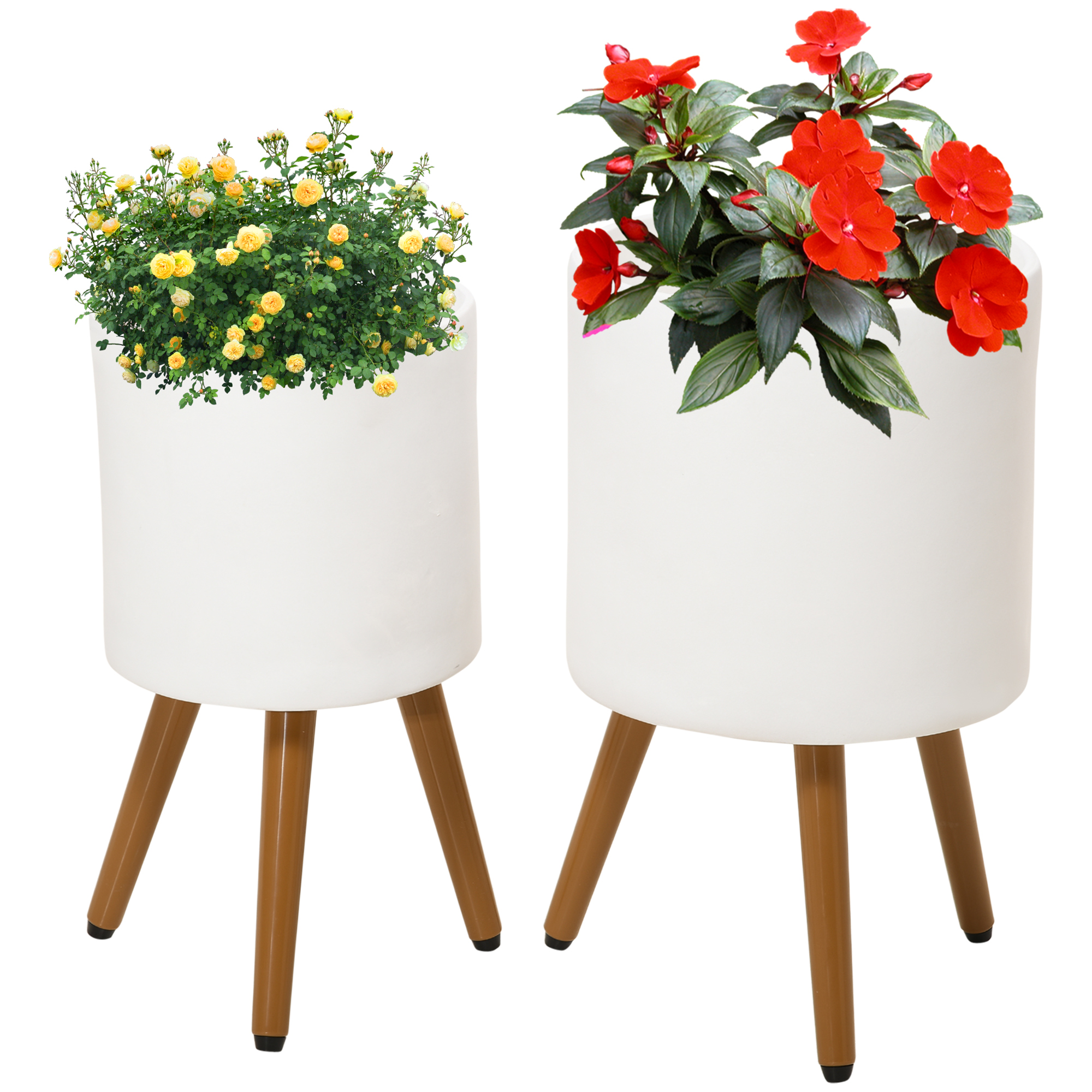 Conjunto de 2 vasos de plantas Outsunny, em magnésia, com pés removíveis e furo de drenagem, para decoração de interiores e exteriores, Ø31x55 cm e Ø26x47 cm, brancos.