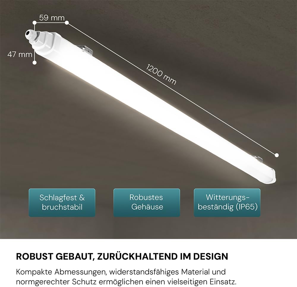 LUXULA 12x LED Feuchtraumleuchte 120cm Wannenleuchte 36W 4000K Neutralweiß 4320lm - Verknüpfbar - IP65 Wasserdicht - LED Werkstattlampe flach Kellerlampe Garagenlampe - Reihenschaltung