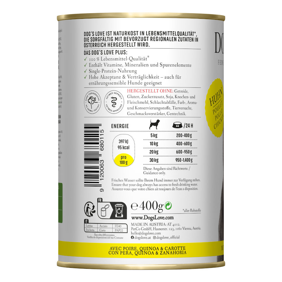 Ração enlatada para cães adultos Dog's Love com sabor de frango.