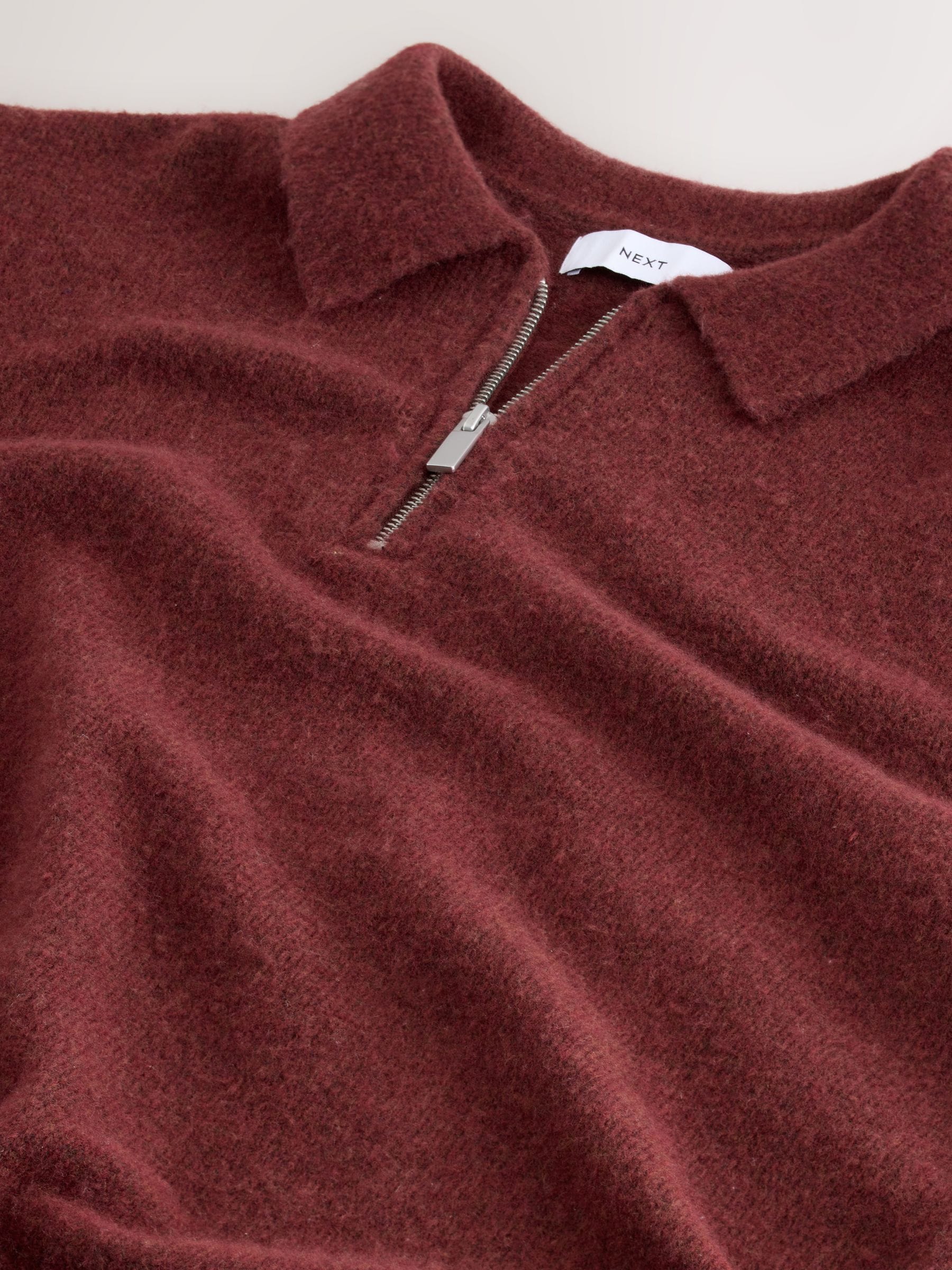 Dusky Red - Regular Fit Cosy Knit Polo Shirt with Wool