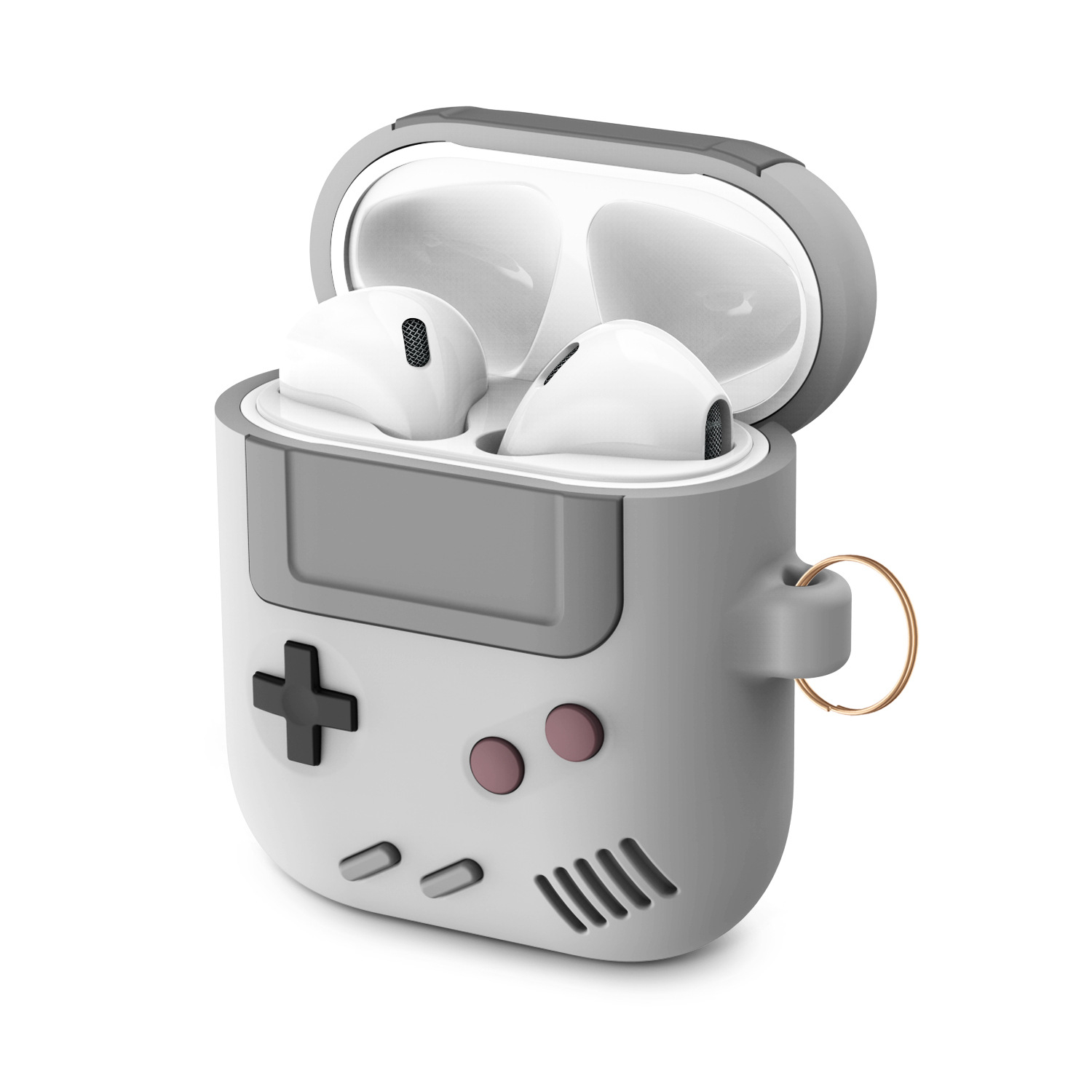AirPods (1. & 2. Generation) Gummi Schutzhülle Retro Spielekonsole Abdeckung mit Karabinerhaken - Grau