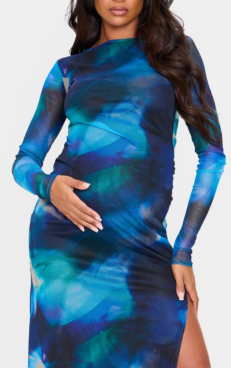 Robe Maxi Longue En Mesh Imprimé À Manches Longues De Maternité