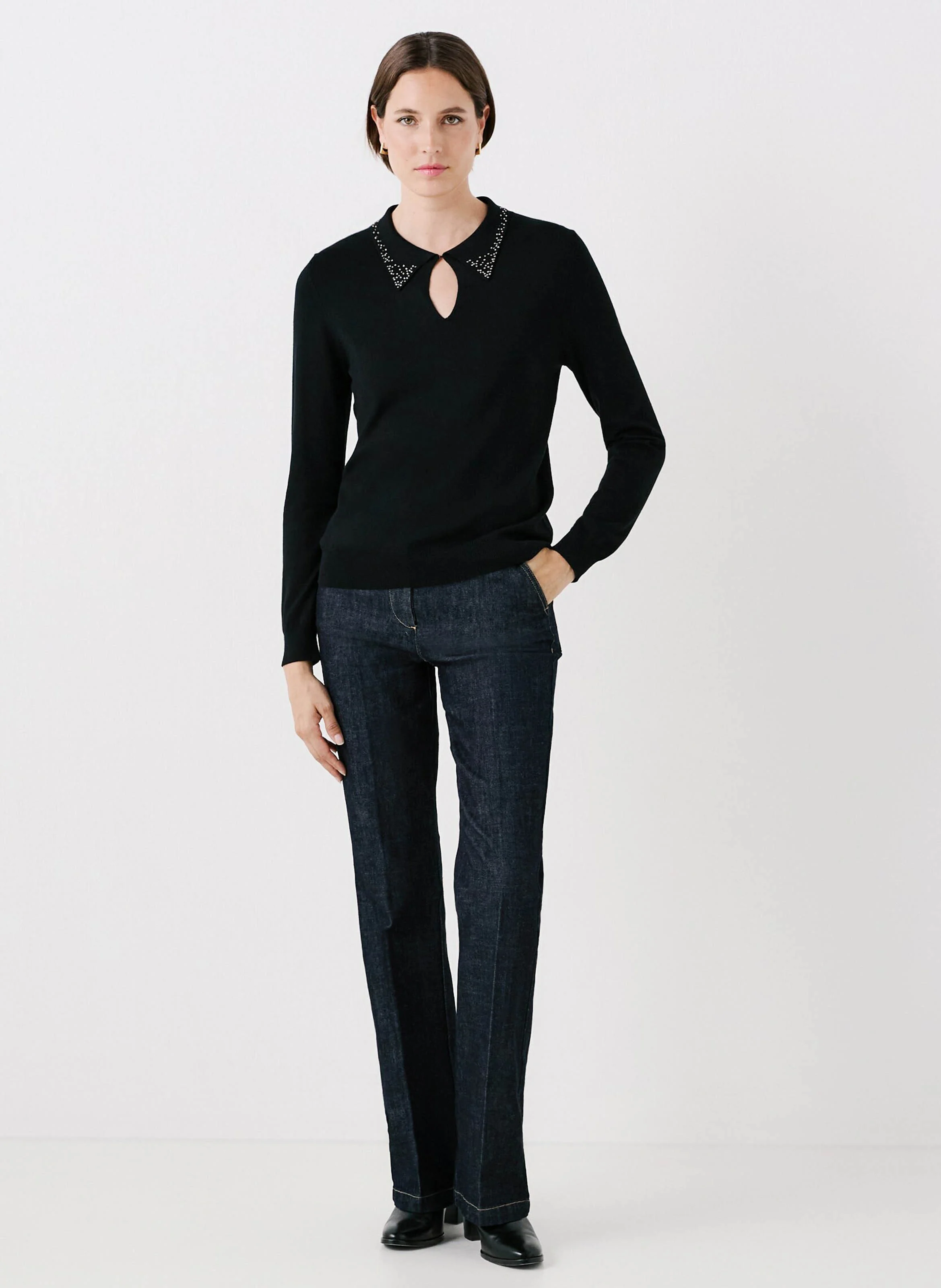 MSARAH - Pull col chemise à strass | Noir