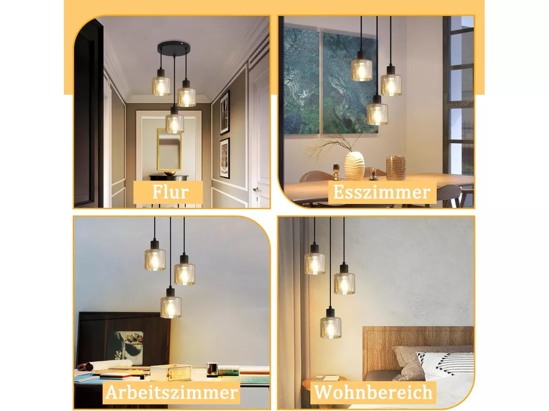 NETTLIFE Suspension Table à Manger Lampe Suspendue Vintage 3 Ampoules Lampe de Table à Manger Suspendue E27 Métal Noir Rétro Industriel