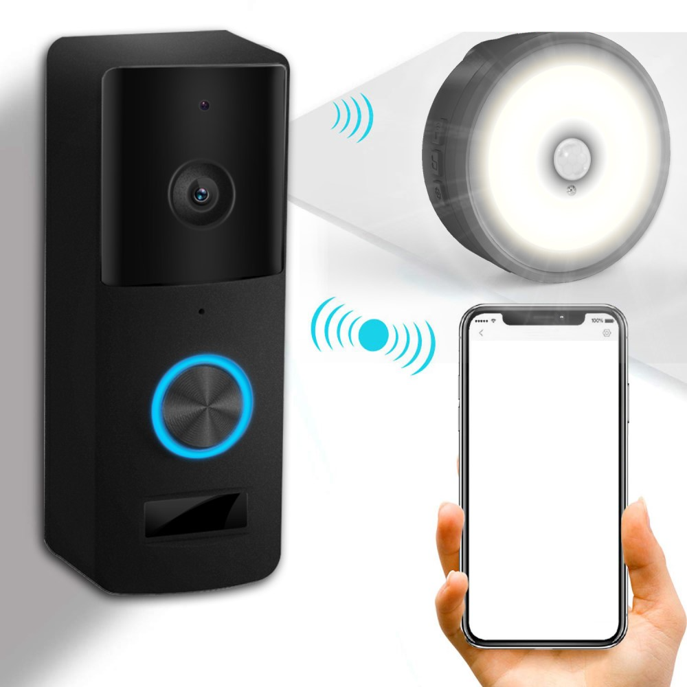 Drahtlose 720p WiFi Video Türklingel Türsprechanlage Nachtsicht Funktion   Bewegungserkennung   Optischer Klingel für iOS/Android (IP65) - Schwarz