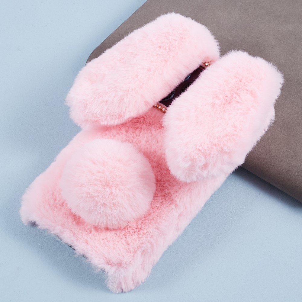 iPhone 15 Pro Max 3D Gummi Plüsch Case Hülle Bunny mit Flauschigen Hasenohren - Rosa