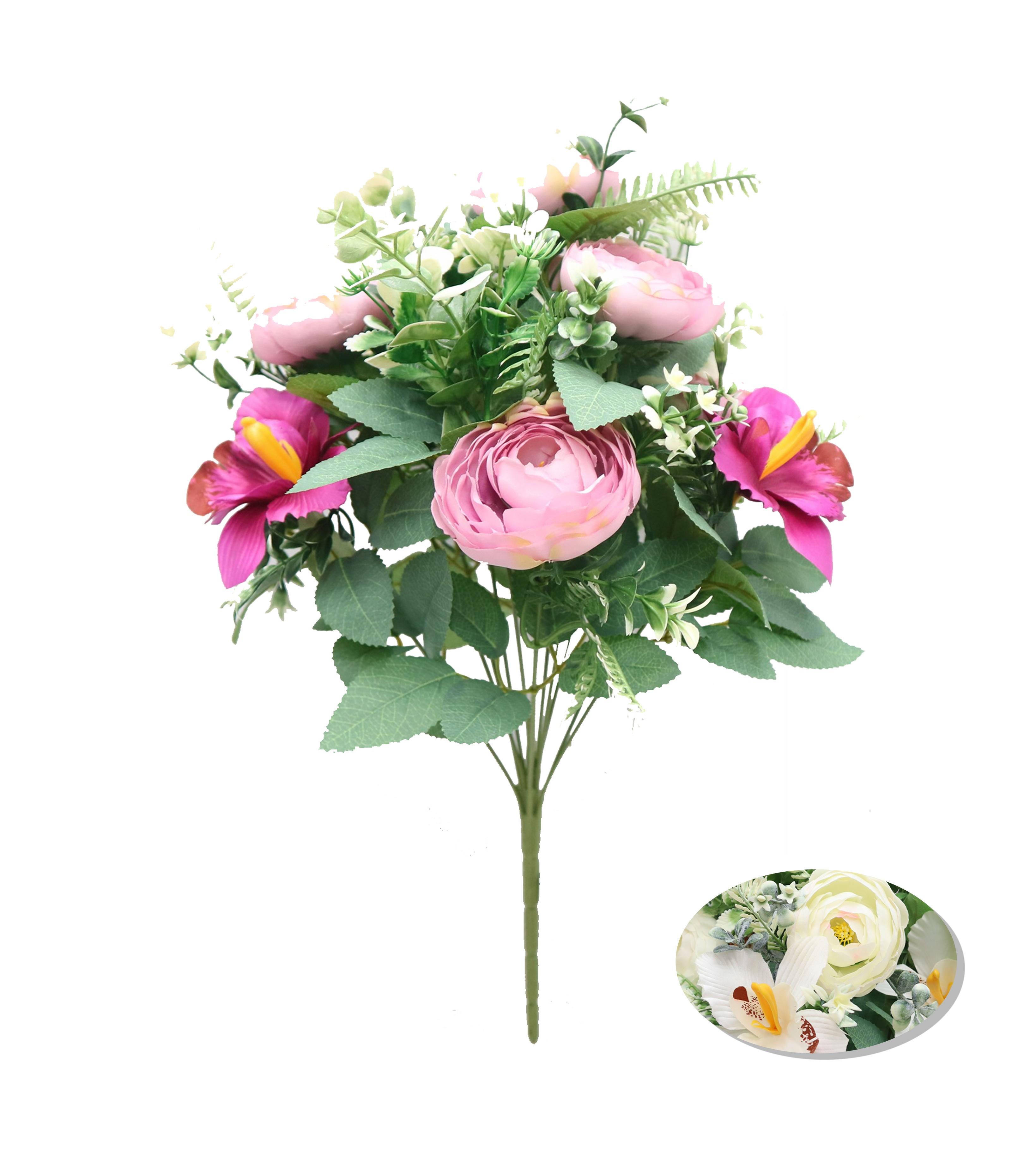 BOUQUET 7 RENONCULES ORCHIDEES ET EUCALYPTUS H.50CM