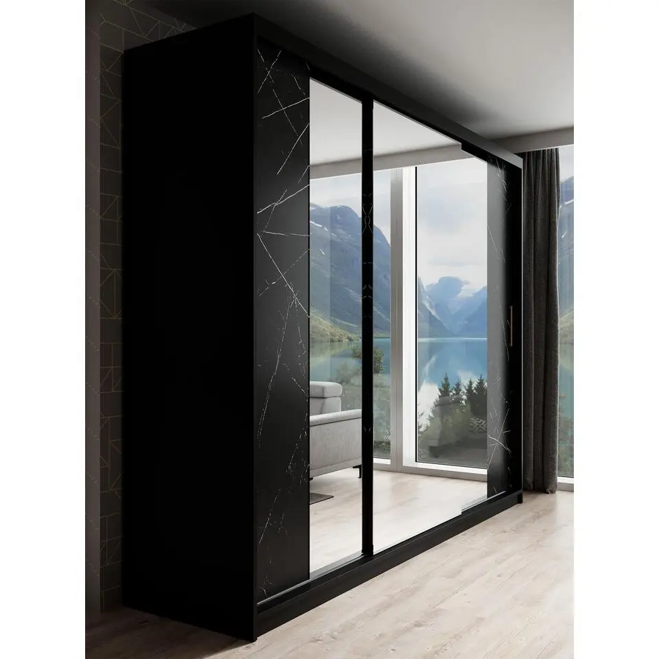 Meubella - Kledingkast Marmer 2 - Zwart - 250 cm - Met spiegel