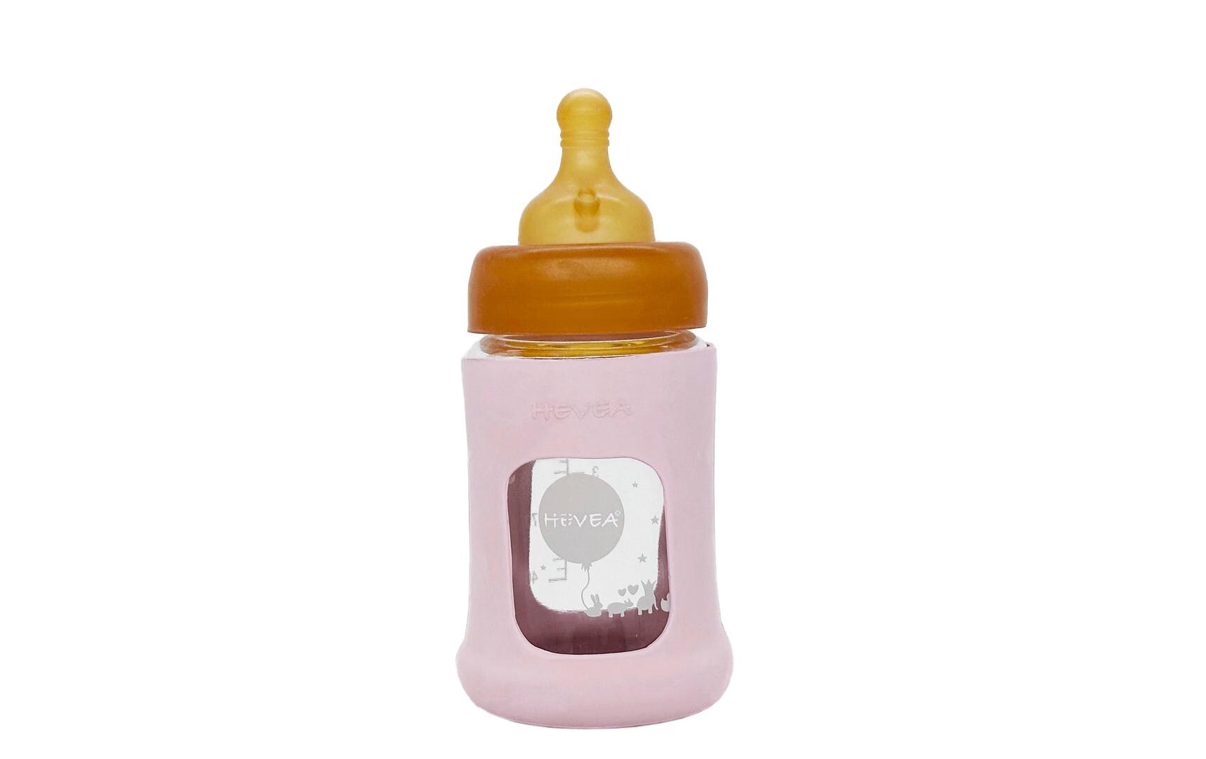 Trinkflasche Powder Pink 0+ Mt. 150 mlPlastikfreie Weithals-Babyflasche mit Hülle
