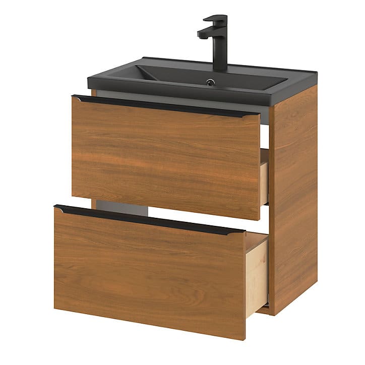 Ensemble salle de bains l.60 cm meuble à suspendre faible profondeur Imandra décor noyer + plan vasque céramique noir