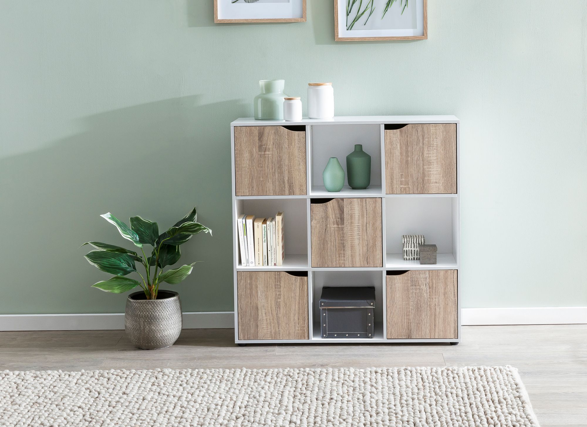 KADIMA DESIGN Standregal mit 9 Fächern, Weiß/Sonoma, Stauraum für Bücher/Dekoration, 89x91x29 cm.