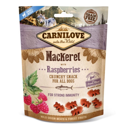 Biscoitos crocantes para cães Carnilove com sabor de cavala e framboesa
