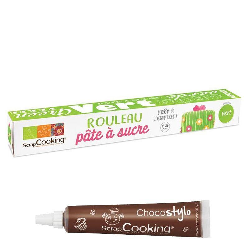 Pâte à sucre en rouleau prête à dérouler Ø 36 cm vert + 1 Stylo chocol