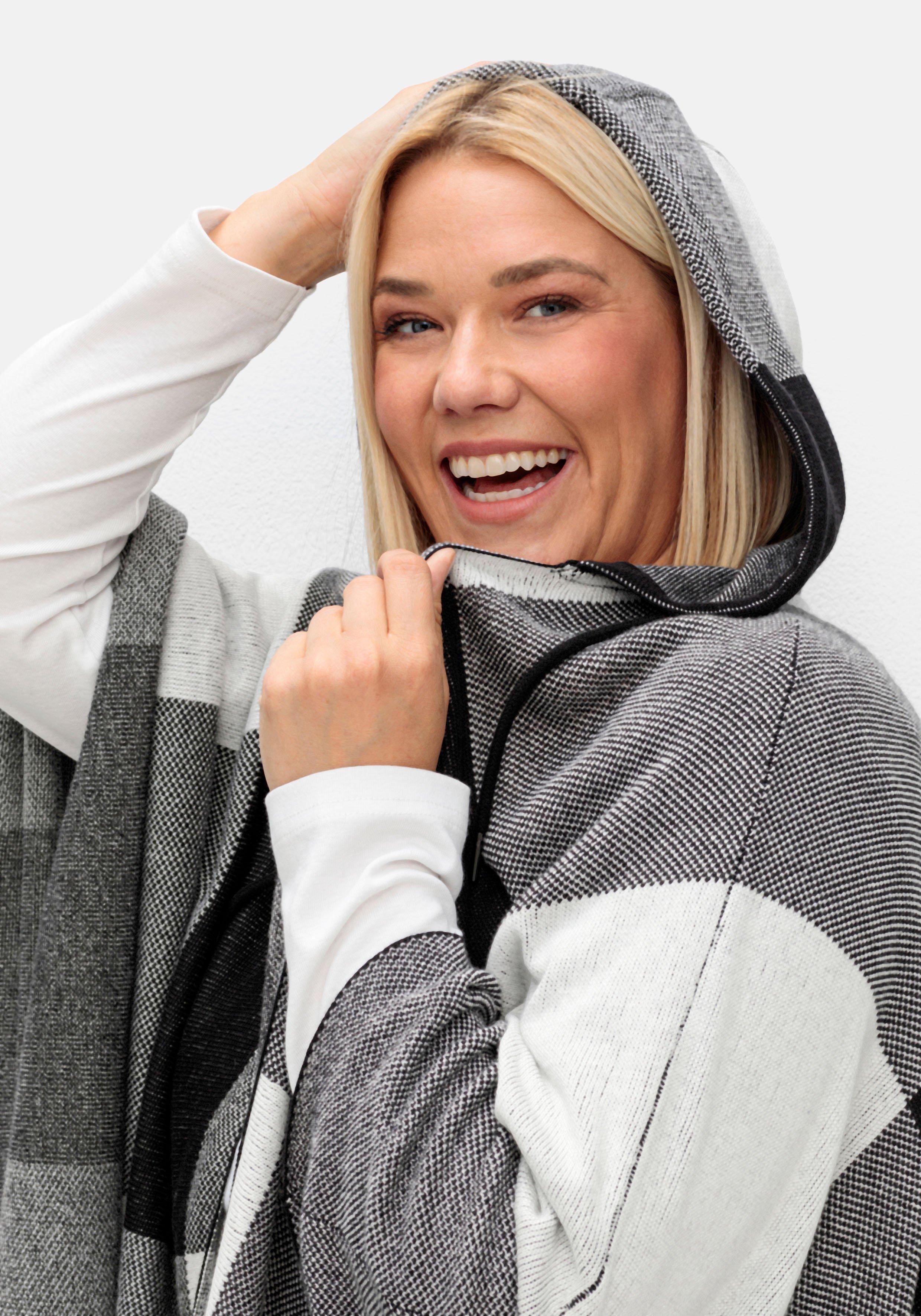 Kariertes Poncho-Cape mit Kapuze, offene Form