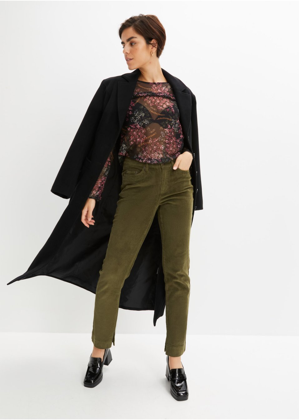 Pantalon velours côtelé extensible, Straight avec fente