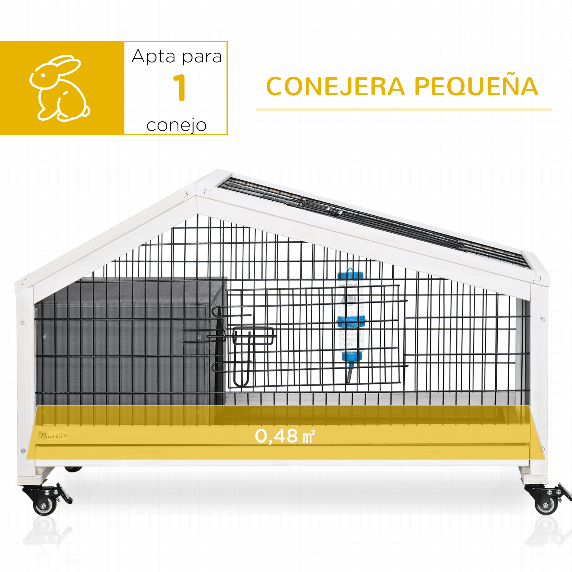 Gaiola de madeira PawHut para coelhos com rodas, 90x53x55 cm, para porquinhos-da-índia, com bandeja removível e bebedouro, casinha para pequenos animais, cinza escuro.