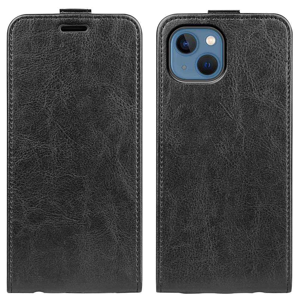 iPhone 14 Leder Tasche Flip Cover Vertikal im Retro Look mit Kartenfach - Schwarz
