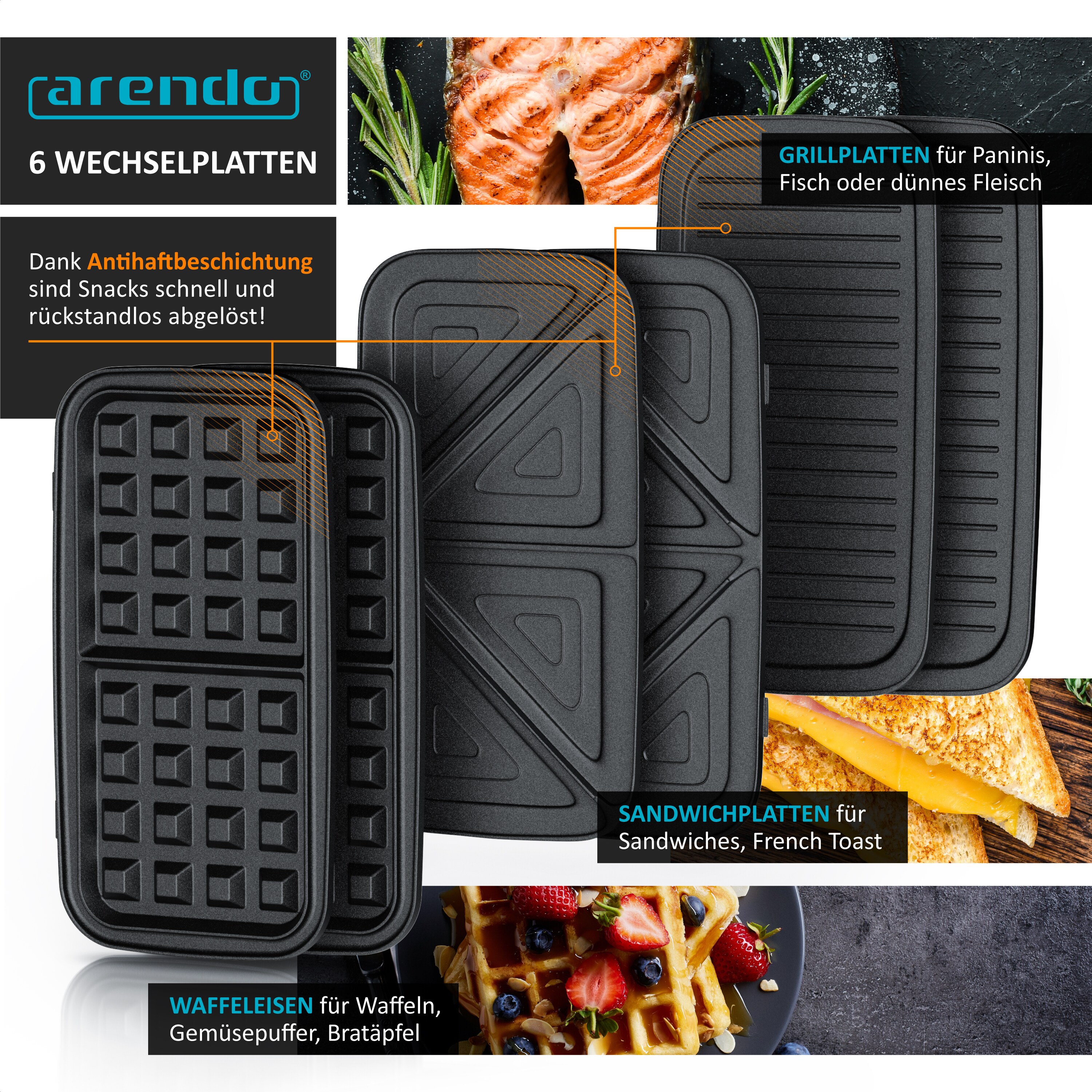 Arendo Sandwichmaker Waffeleisen Kontaktgrill mit abnehmbaren Platten - mit Antihaftbeschichtung - spülmaschinentauglich - BPA frei