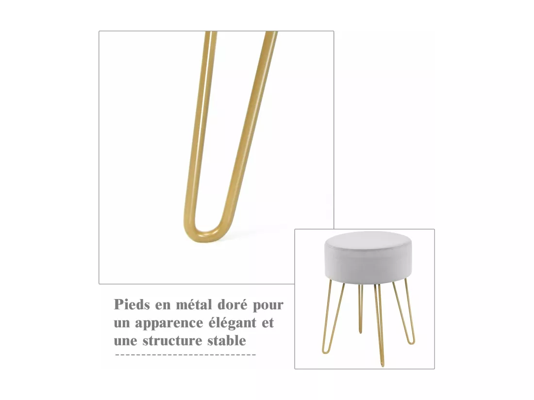 Pouf Tabouret Rond Ø39cm, en Velours avec Pieds Métalliques Robustes, Idéal pour Salon ou Chambre