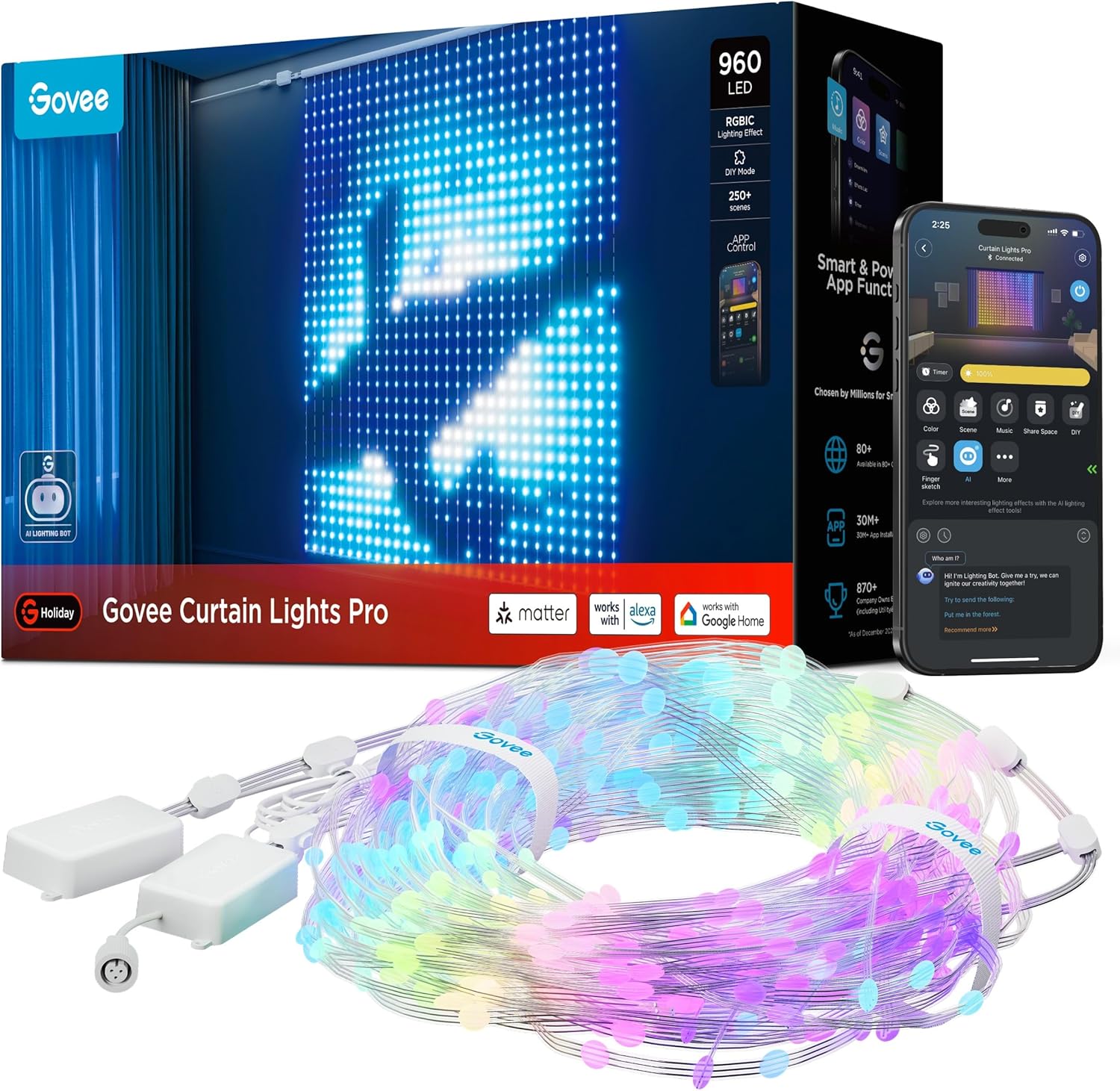 Govee Curtain Lights Pro, 960 LEDs Smart LED-Vorhang, Verbesserter Intelligenter LED-Lichterketten mit AIGC, Dynamische DIY Lichterkette für Weihnachten Christmas Deko, IP67 Wasserfest, 1,65x1,76m