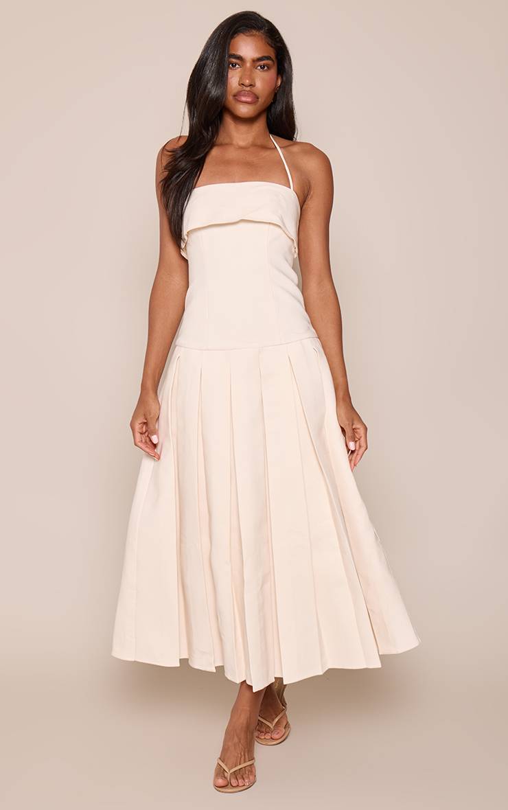 Crème Robe Mi-longue Tissée À Ourlet Plissé