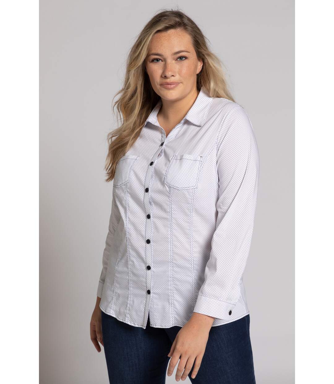 ULLA POPKEN Chemisier à pois col chemise manches longues blanc
