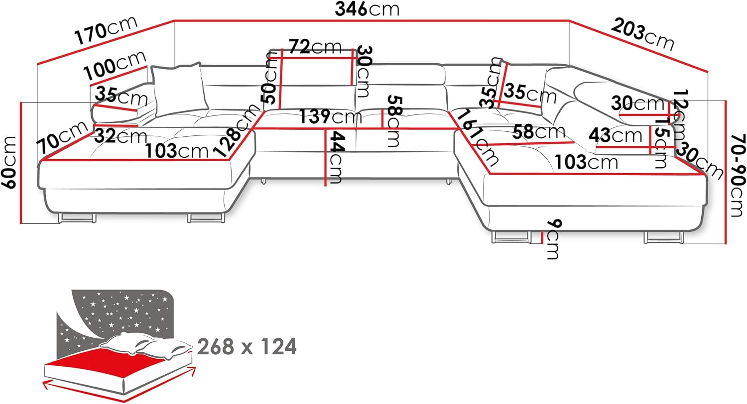 Mirjan24 Ecksofa Torezio Bis mit Bettkasten, Einstellbare Kopfstützen, Sofa mit Schlaffunktion, Eckcouch für Wohnzimmer, Polsterecke, U-Form Couch mit Bettfunktion (Manila 16, Seite: Rechts)