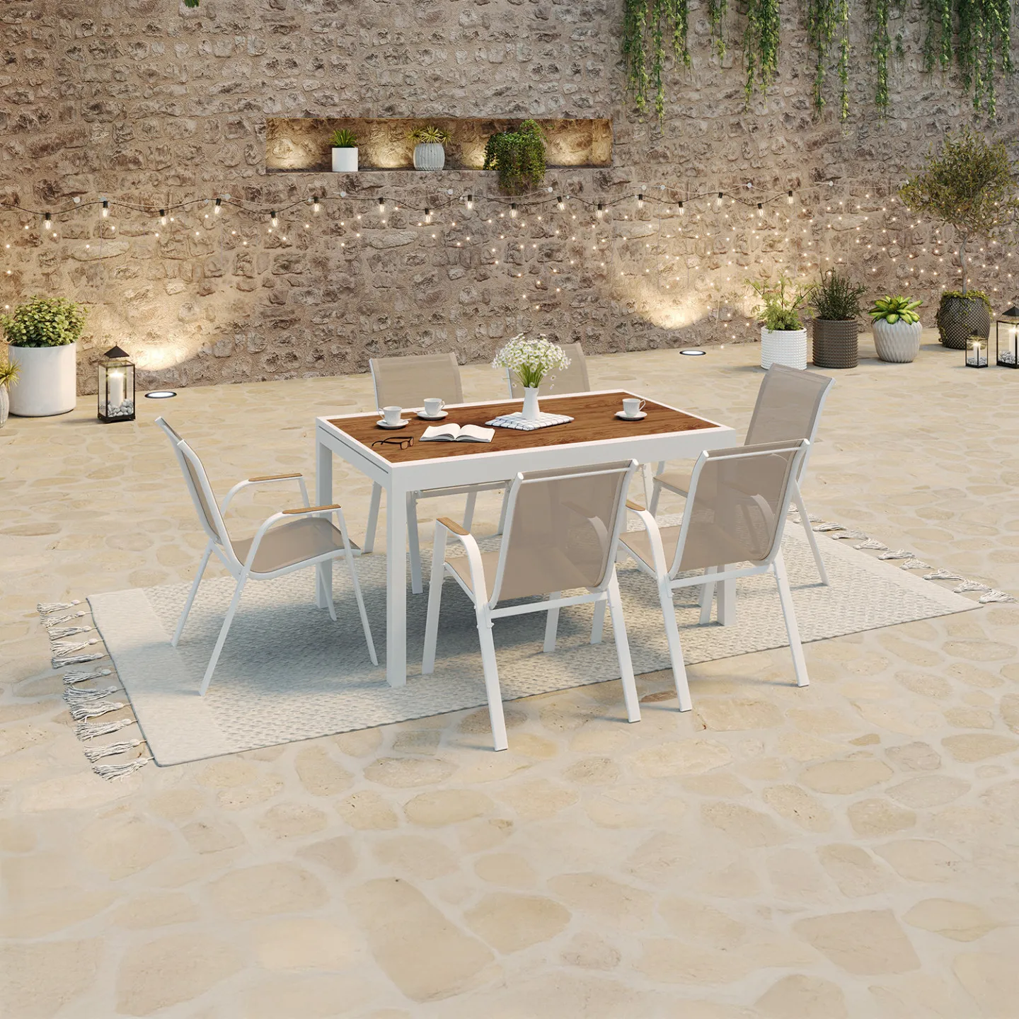 Salon de jardin NOUMEA extensible table 135/270 cm plateau effet bois et 12 chaises empilables blanc et bois