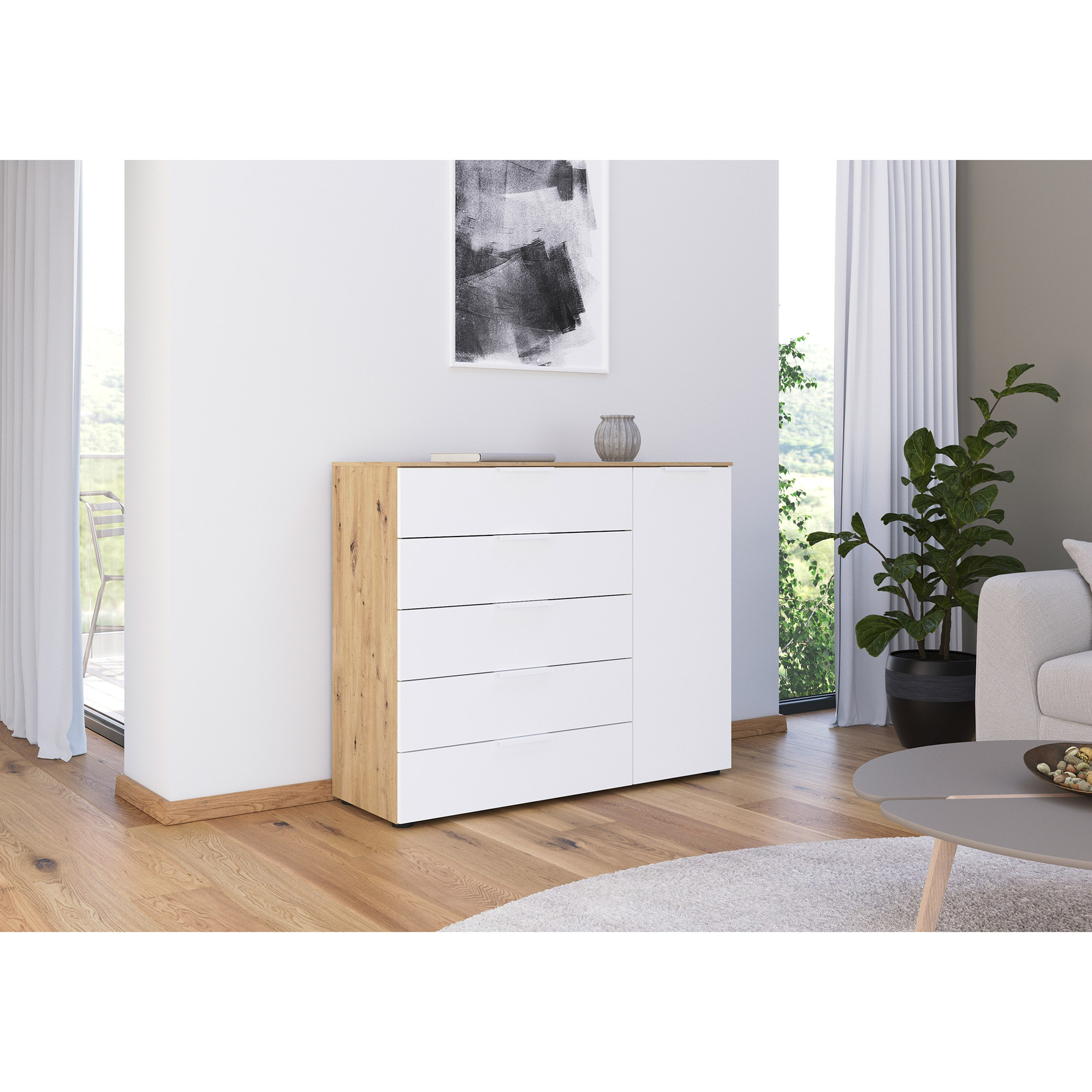 Kommode - Artisan Eiche-alpinweiß - weiße Griffe - 120 cm