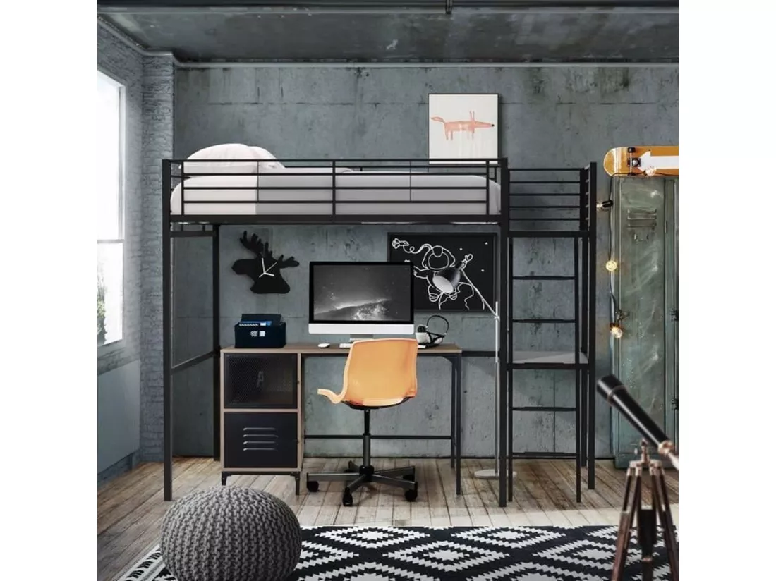 Lit mezzanine avec bureau en métal époxy - Noir - Sommier inclus - 140 x 190 cm - OXFORD
